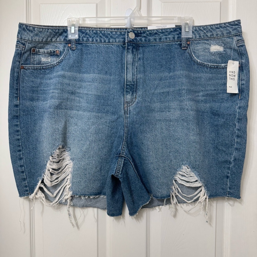 And Now This Augie Blue Denim Jean Shorts 22W Hi Rise 90s Boyfriend Distress